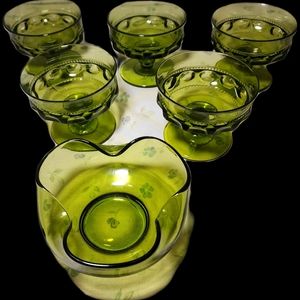 Kings Crown 5 Green Indiana Thumbprint Dessert Glasses & Avocado Anchor Hocking